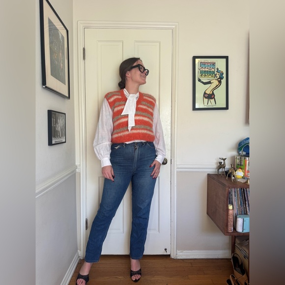 Vintage Sweaters - 60s Vintage Striped Coral and Gray Women's Mohair Sweater Vest Sz M